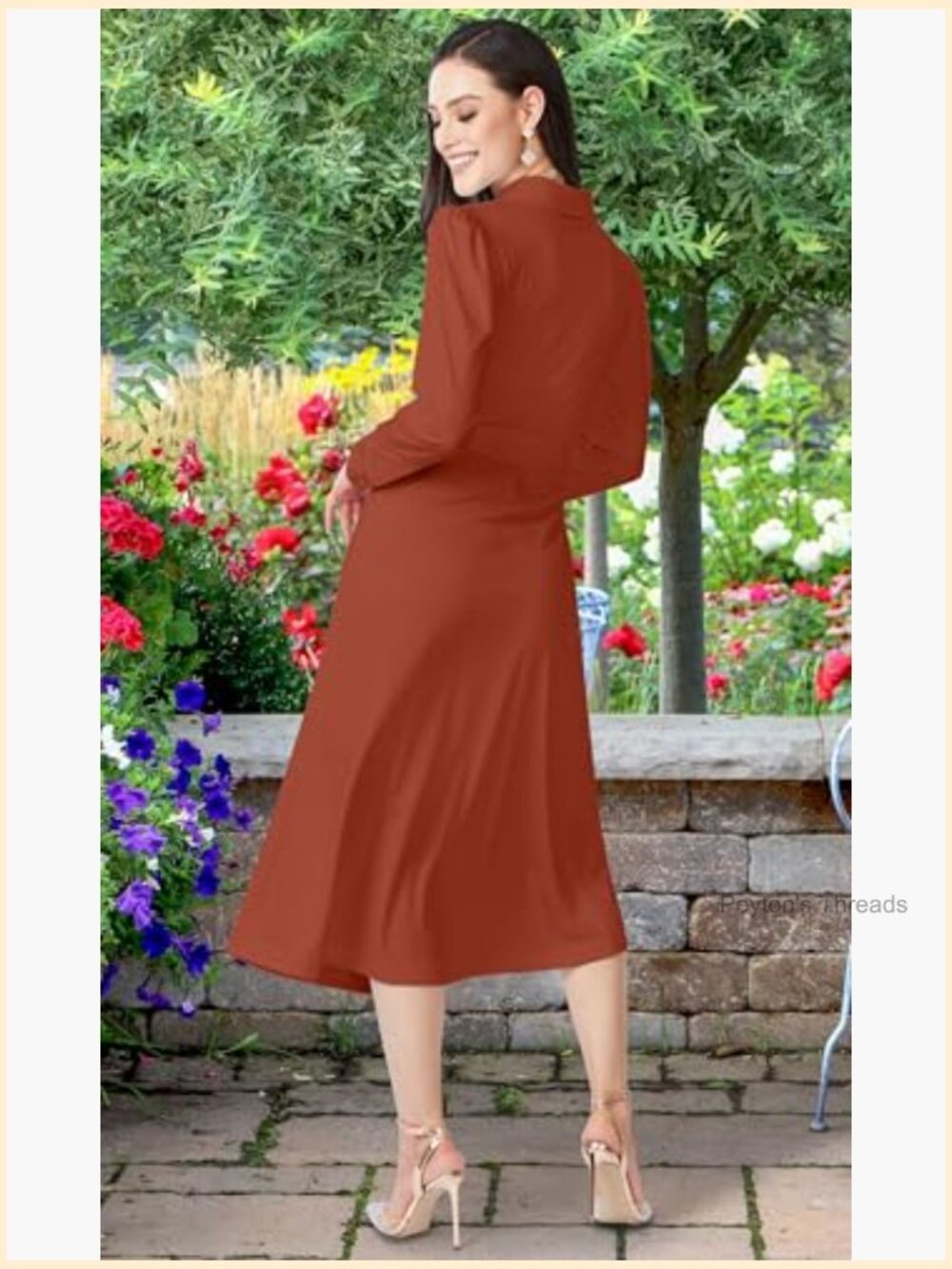Long Sleeve Flowy Wrap Collar Midi Dress - Modest Office - Picture 5 of 7